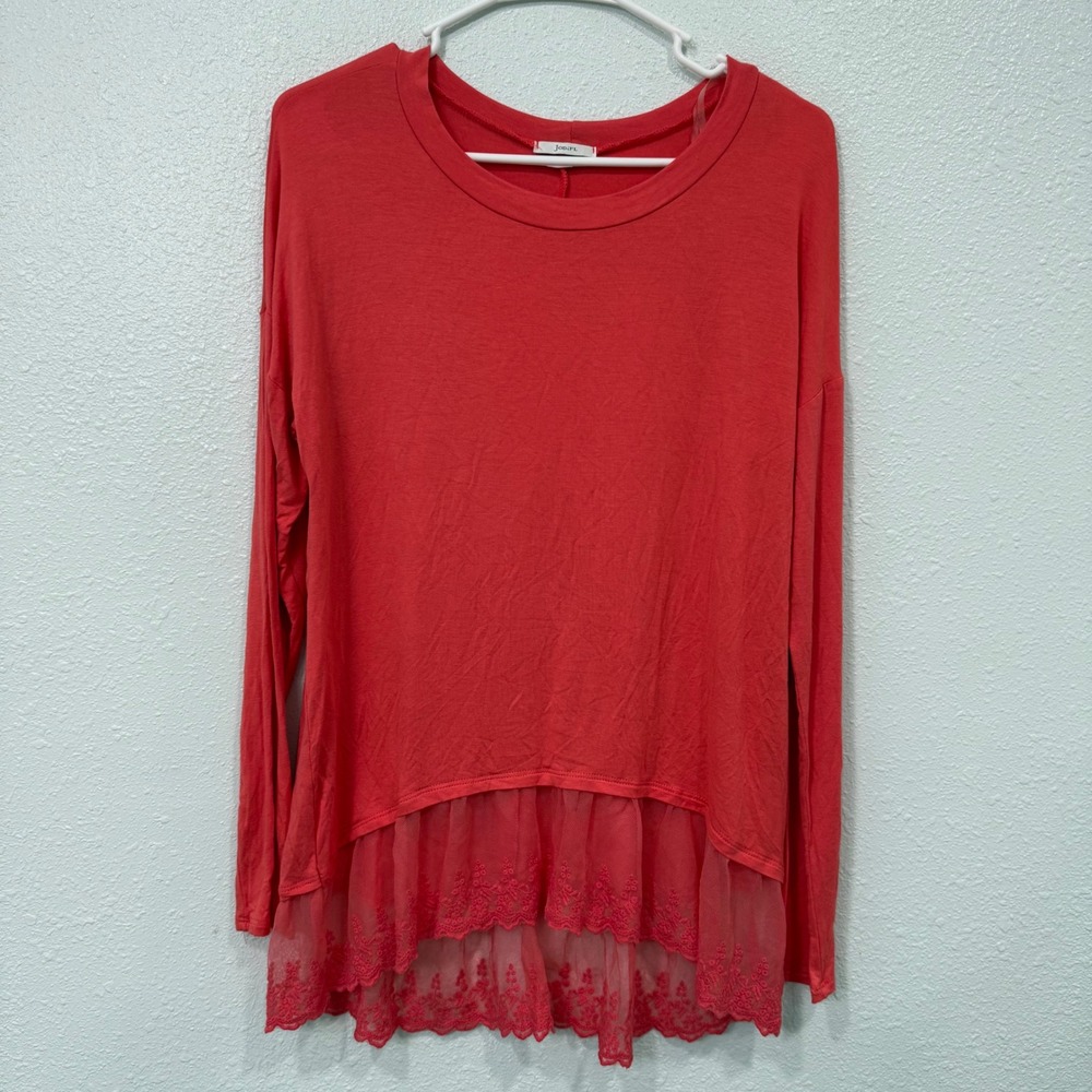 Jodifl Coral Red Long Sleeve Top Lace Mesh Hem Crew Neck MT20138 Small
